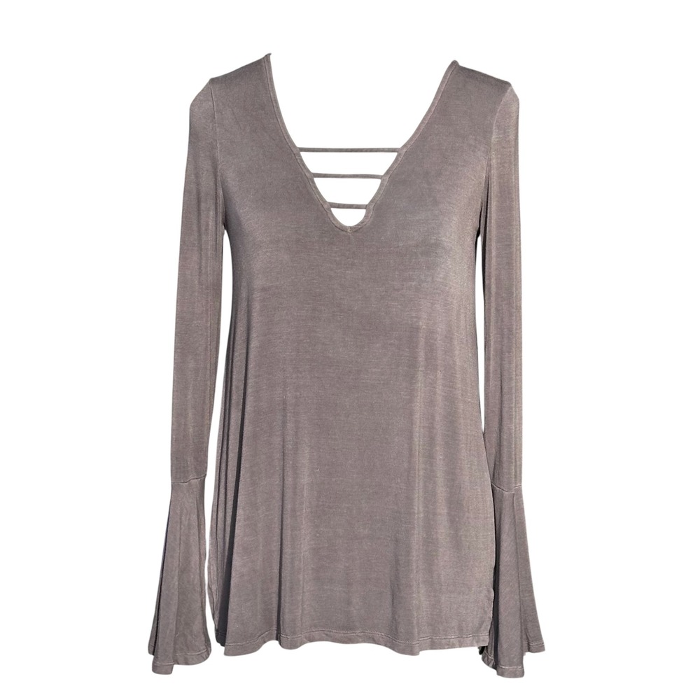 American Eagle Soft & Sexy Gray Bell Sleeve Cage V-Neck Top Medium Whimsigoth